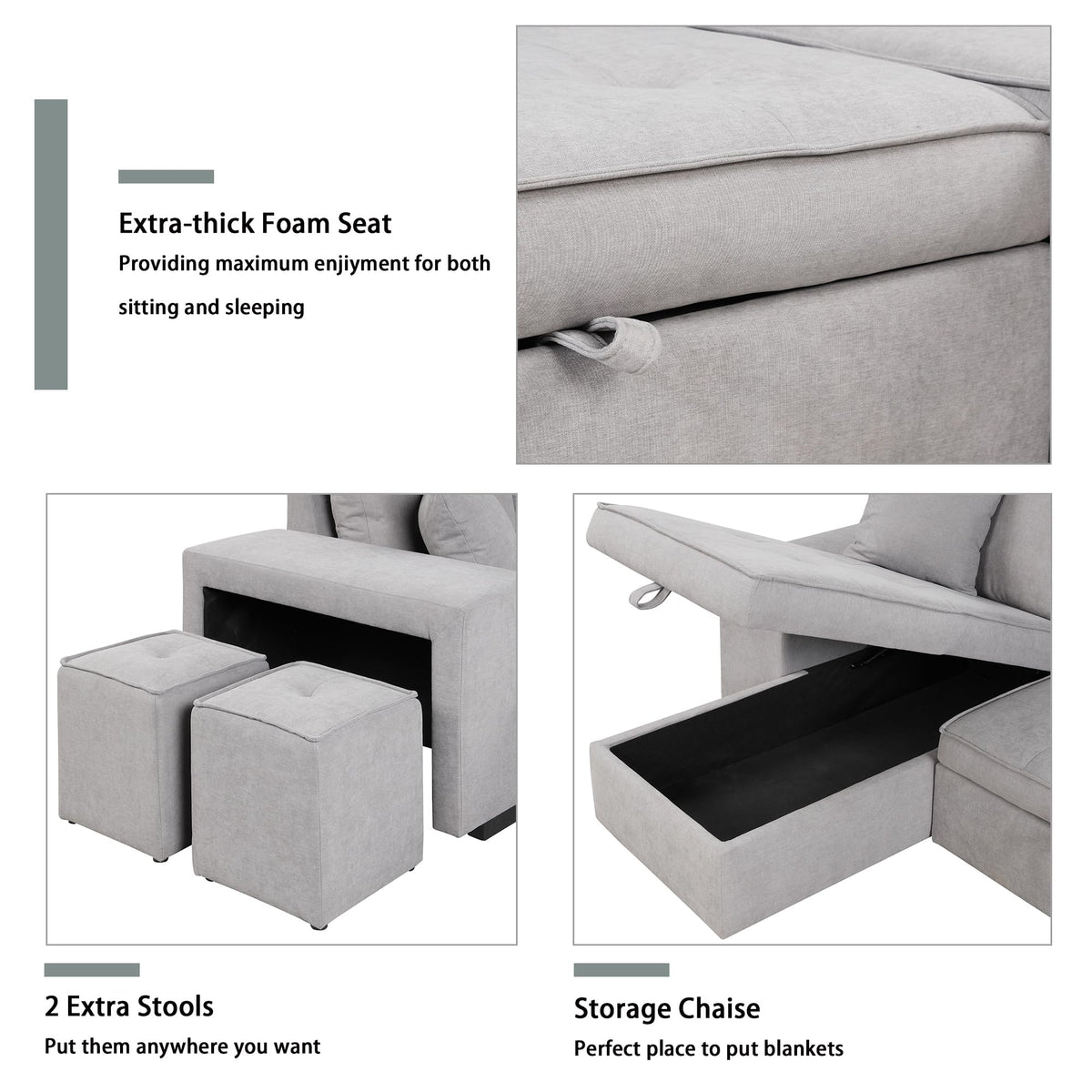 Tidyard 104.? Pull Out Sleeper Sofa, Reversible L-Shaped 3-Seat Sectional Couch with Storage Chaise & 2 Stools, Gray Living Room Furniture Set