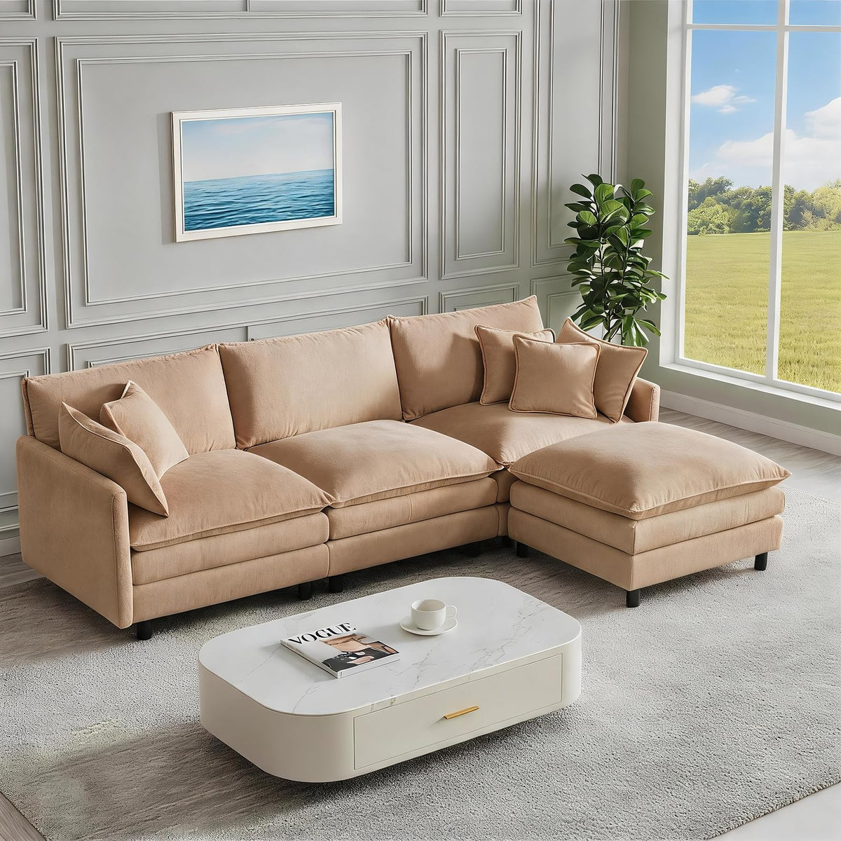 102" Modular Sectional Sofa, Chenille Couch with Ottoman,Beige (1, Camel, 110)