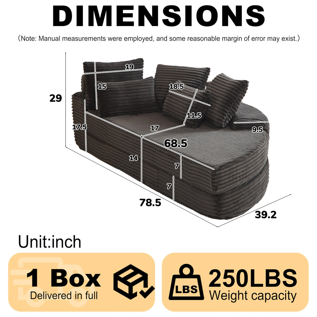 78.5 Inch Corduroy Circular 2 in 1 Sofa Bed, Designer Recliner with Neck Pillow and Five Throw Pillows in Living Room IW271