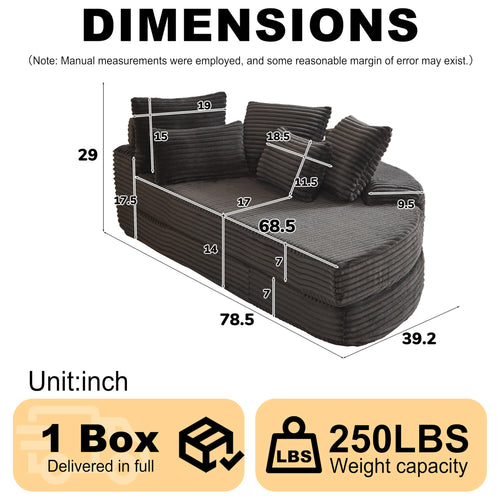 78.5 Inch Corduroy Circular 2 in 1 Sofa Bed, Designer Recliner with Neck Pillow and Five Throw Pillows in Living Room IW271