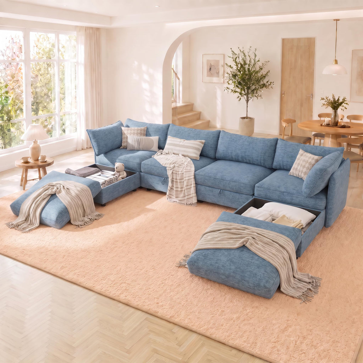 127'' Modular Sectional Sofa,FSC Certified 6 Seater Sectional Sofa,Chenille Couch with Removable Washable Covers,Modern Couch with Ottoman,U Shaped Couch with Storage,Beige Couches for Living Room