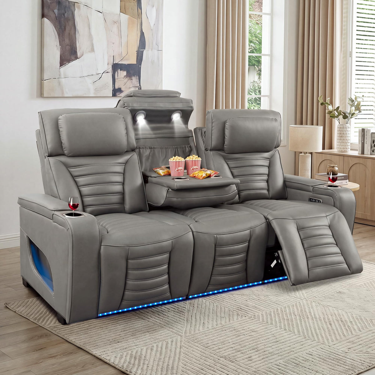 Zero Gravity Power Reclining Sofa Adjustable Headrest & 7 Colors LED Lighting, Power Recliner Sofa with Reading Lighting, Armrest Storage for Home Theater, RV