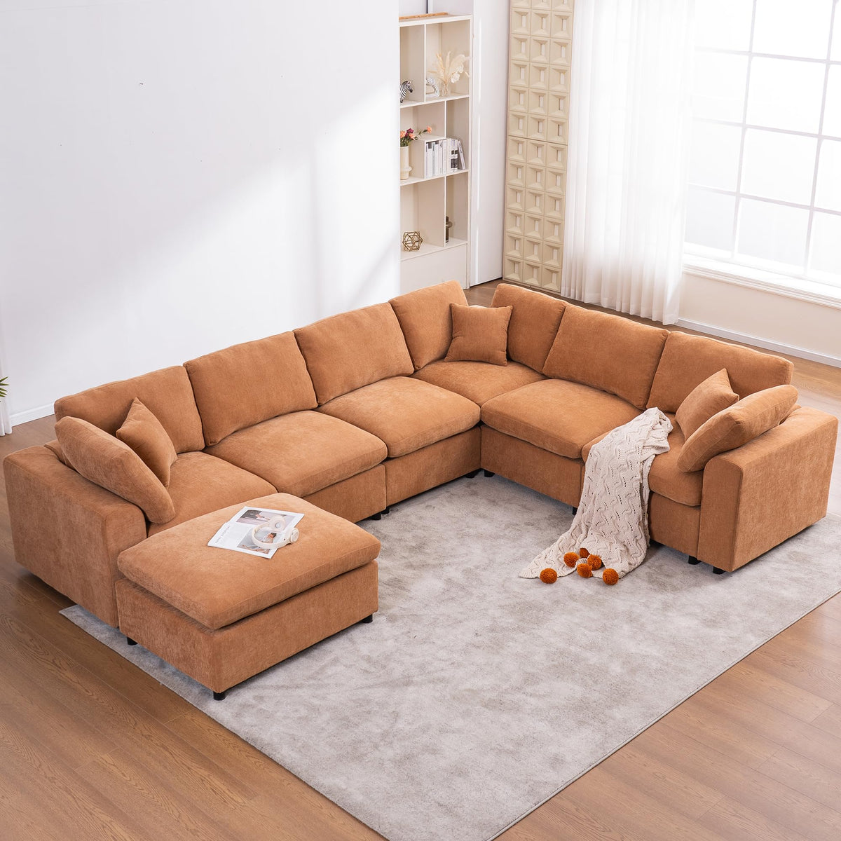 129.3" Oversized Modular Sectional Couch, Cloud U Shaped Couch with Movable Ottoman, Comfy Large 7 Seat Corner Couches for Living Room, Apartment, Beige