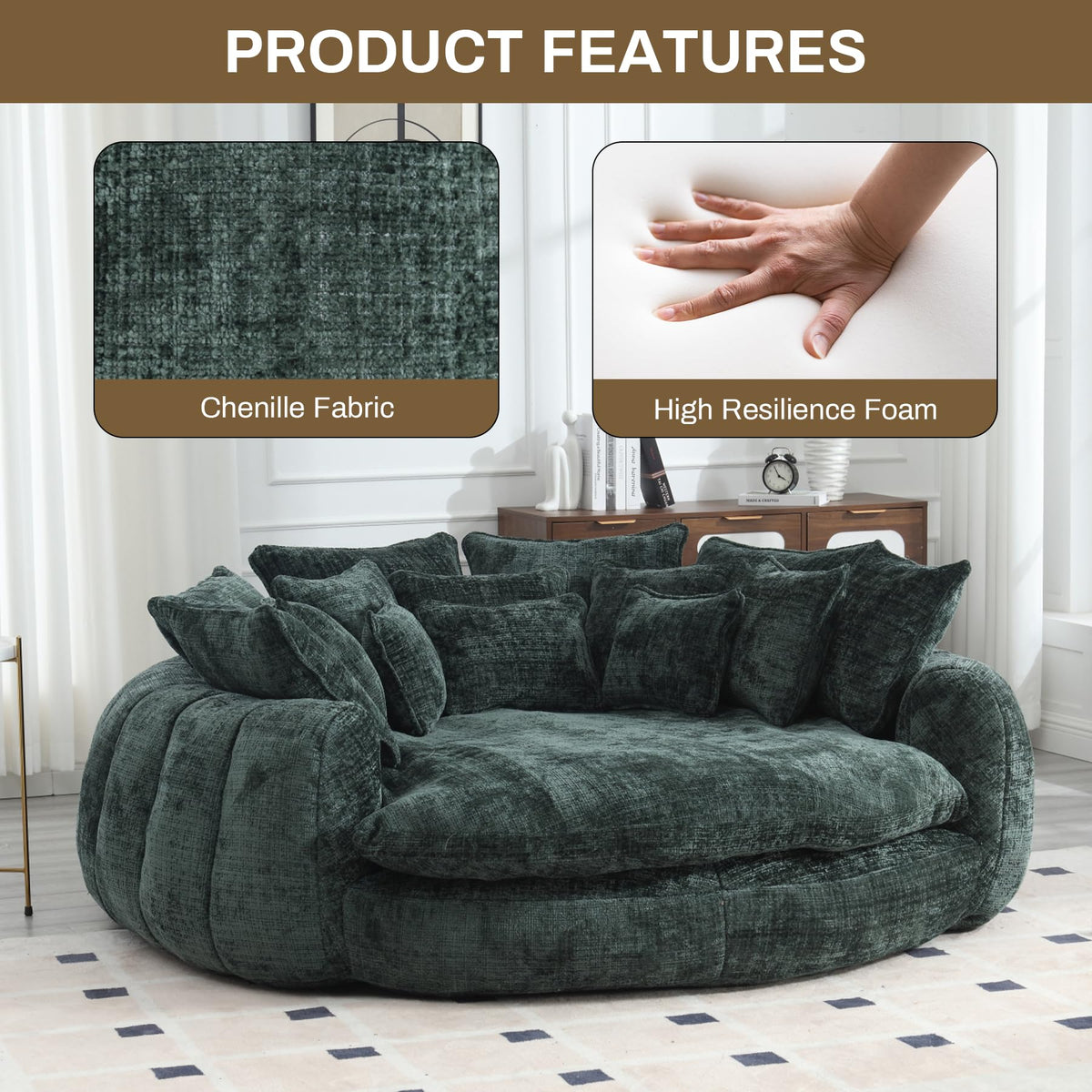 Wrofly 81.1" W Oversized Round Chaise Lounge, Fluffy Lazy Bean Bag Sofa with 14 Pillows, Comfy Chenille Upholstered Barrel Sleeper Bed, Modern Deep Seat Cloud Couch for Living Room, Emerald