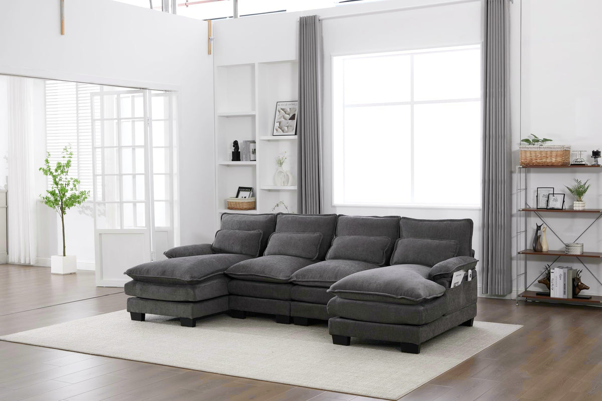 U Shaped Cloud Couch, 110" Chenille Comfy 4 Seat Sectional Couches for Living Room, Modular Sofa Sleeper with Double Chaise Foam for Apartment