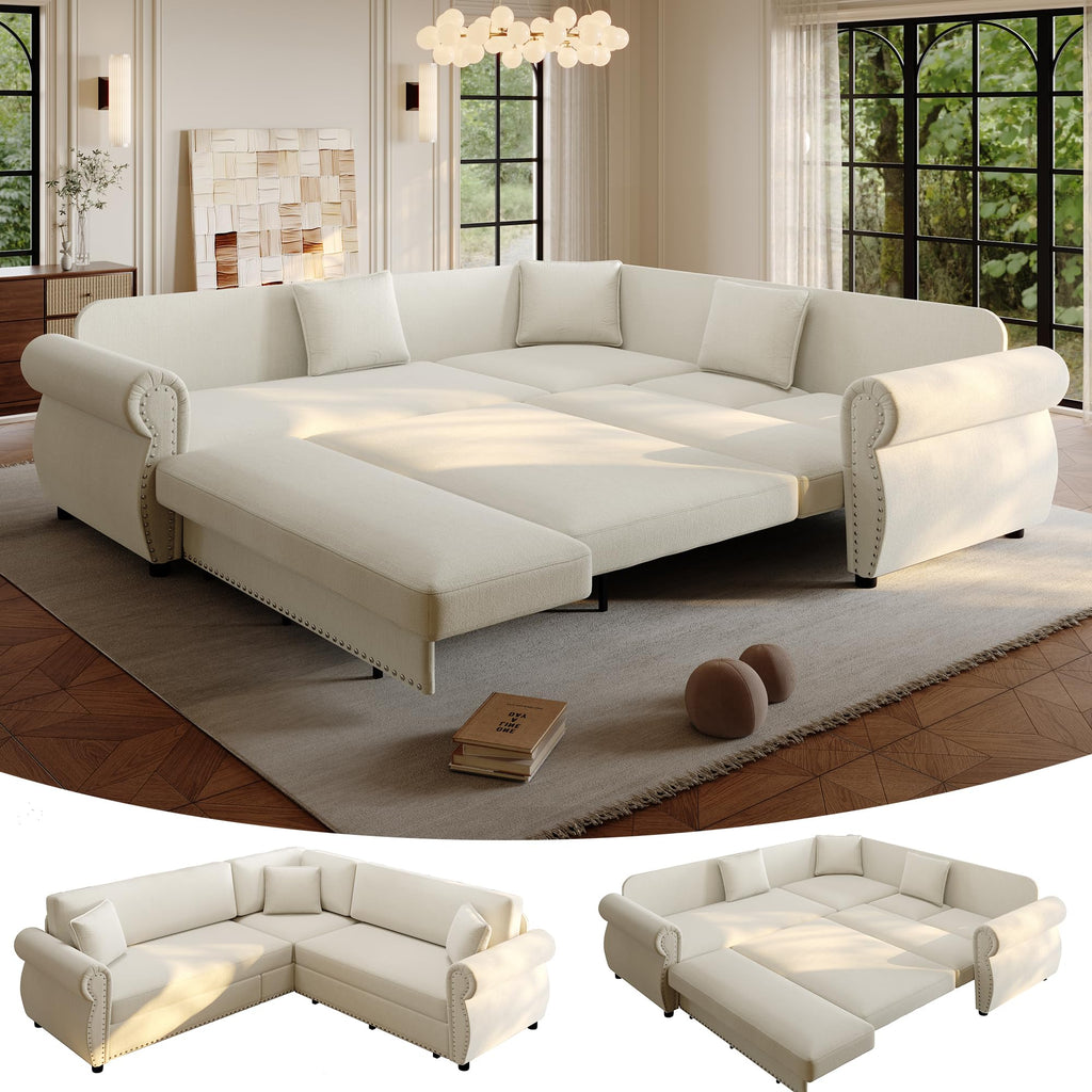 118" Oversized Sleeper Sofa with Pull Out Bed, Chenille L Shaped Convertible Sectional Sleeper Couch with Nailhead Trim & Rolled Arm, 6-Seater Couches for Living Room, Blue