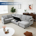 116" Modular Sectional Couch, U Shaped 7 Seater Sofa with Pull Out Bed, Chenille Cloud Upholstery, Ottoman, Folding Side Table, USB Charging Stations, Grey