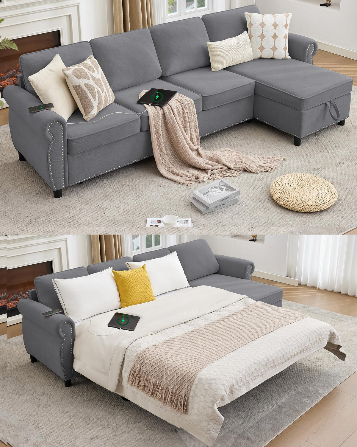 106.5" Pull Out Sofa Bed,L Shaped Modular 4 Seater Couch,2-in-1 Sofa Bed,Wireless Charging, USB Charging Ports,Memory Foam Mattress,Storage Space (Dark Gray)