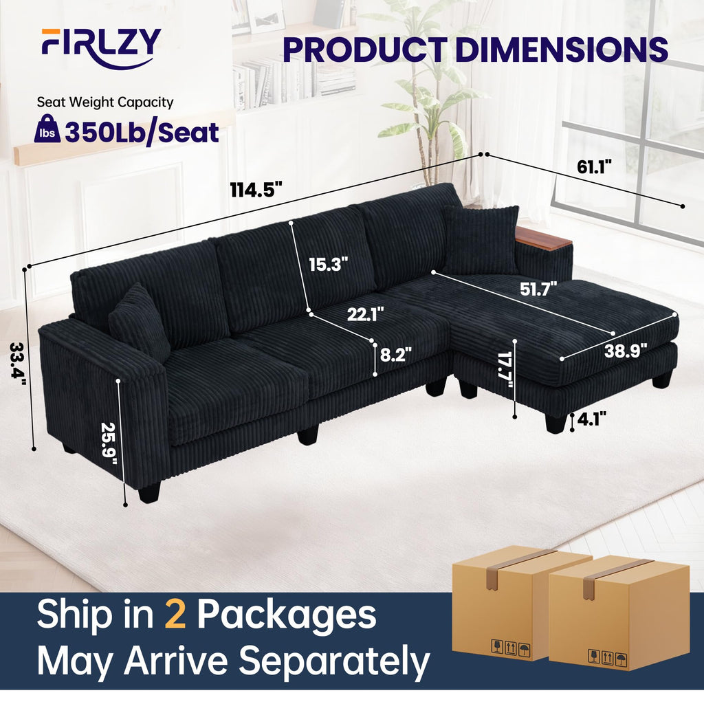114" Cloud Sectional Couch with L-Shape Reversible Chaise, Modern Corduroy L Shaped Couch with 2 Pillows & Storage Armrests, 4 Seater Sectional Couches for Living Room, Plush Corduroy, Black