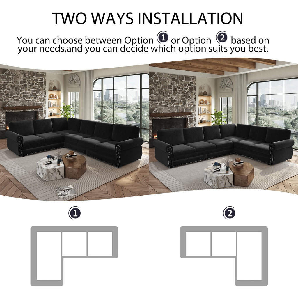 118" L-Shaped Sofa Couch with Pull-Out Bed,Oversize Convertible Sleeper Sofa with Nailhead Trim & Rolled Arm,Chenille Upholstered Sectional Couches, for Living Room, Black