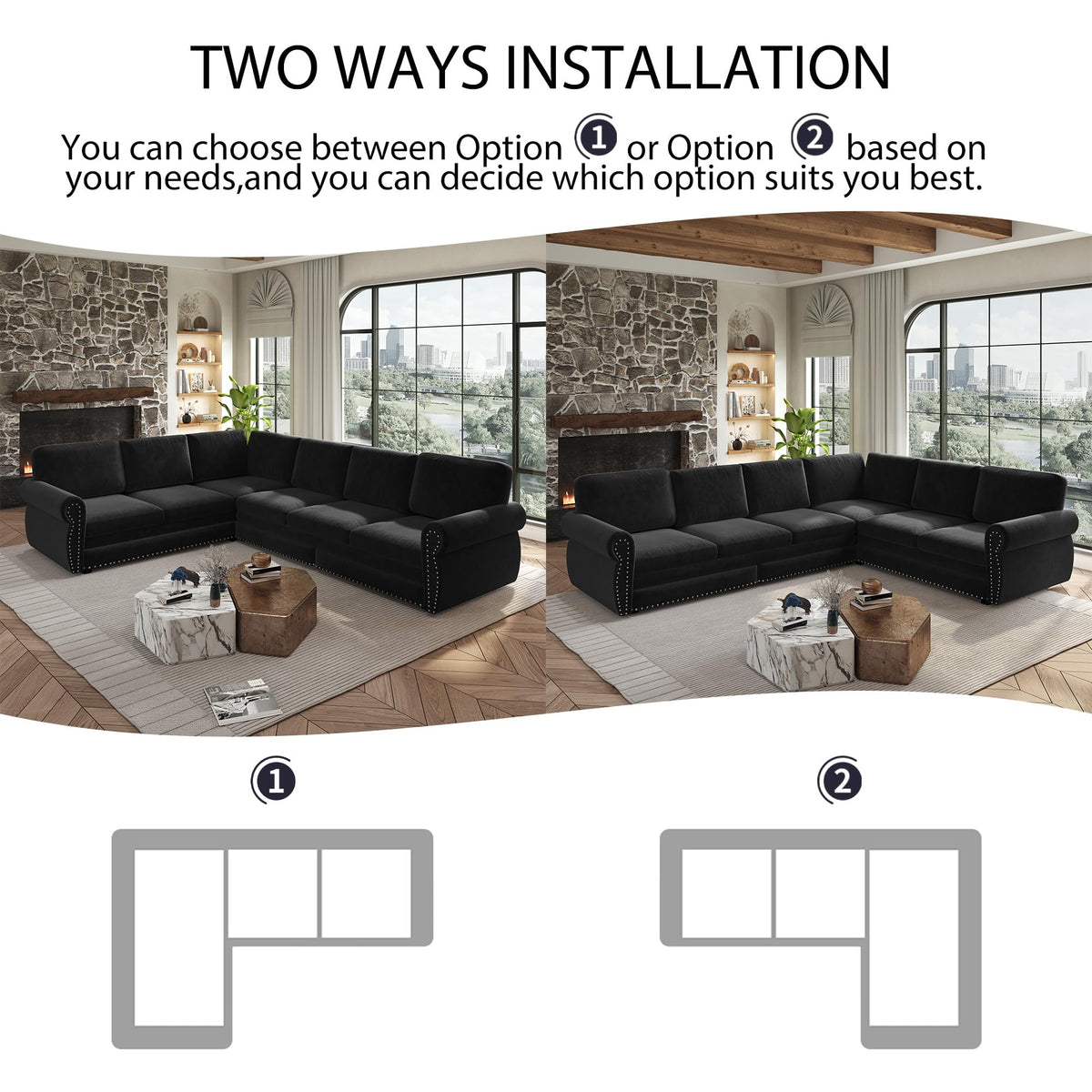 118" L-Shaped Sofa Couch with Pull-Out Bed,Oversize Convertible Sleeper Sofa with Nailhead Trim & Rolled Arm,Chenille Upholstered Sectional Couches, for Living Room, Black