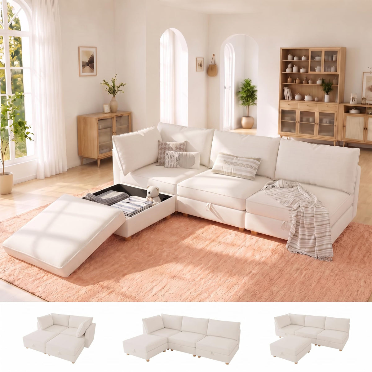 128'' Modular Sectional Sofa,8 Seat Chenille Sectional Sofa with Washable Covers,FSC Certified Modern Sectional Sofa with Storage & Ottoman,Convertible U/L Shaped Couch,Beige Couches for Living Room