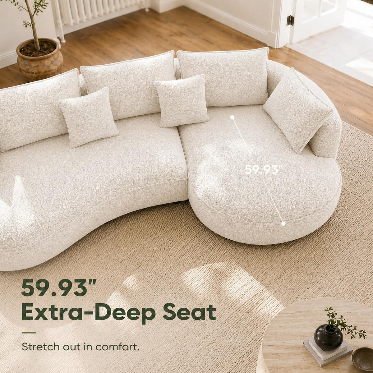 124.8" Modern Curved Sectional Sofa with Chaise, Upholstery Boucle Sofa with Pillows,Sectional Couch for Living Room - (Beige,Right Hand Facing)