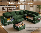 Vipbear 111" Sofa Bed, 7 Seat Modular Sectional Sleeper Sofa with Pull Out Bed, Chenille L Shaped Couch with Storage Ottoman|Cup Holders|Side Table|LED Light|USB Ports, Easy Assembly, Green