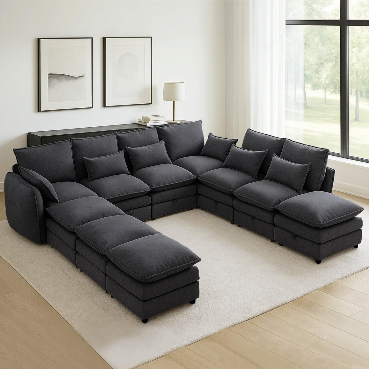 114" Modular Sectional Sofa, Sectional Couches for Living Room, U Shaped Cloud Couch with Storage, Waterproof, Wide and Deep Seat, 6 Seats 2 Ottomans (Black)