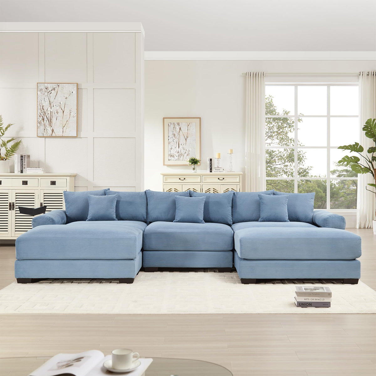 130" Oversized Cloud Modular Sectional Couch, Corduroy Fabric,3 Seater Deep Seat Wide Armrests, with an Ottoman,Ergonomic Design, Easy Assembly for Lounges Living Room,Blue BP131