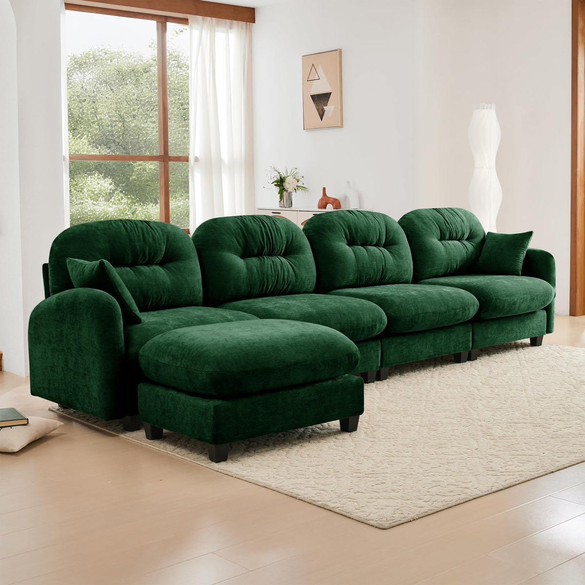Tidyard Modular L-Shaped Sectional Couch with Ottoman, Soft Chenille Fabric, Ergonomic Design, Tufted Backrest, Easy Assembly, Fits Living Room, Bedroom, or Reading Nook, Green