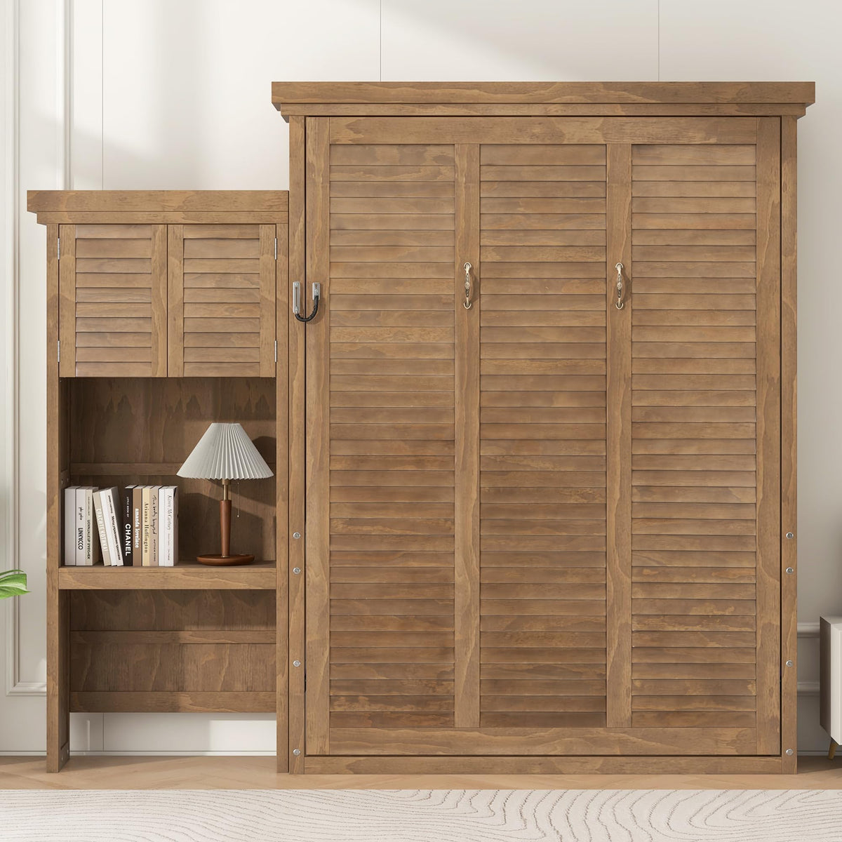 Twin Size Murphy Bed with Open Shelving, Sofa Front and Printed Panel