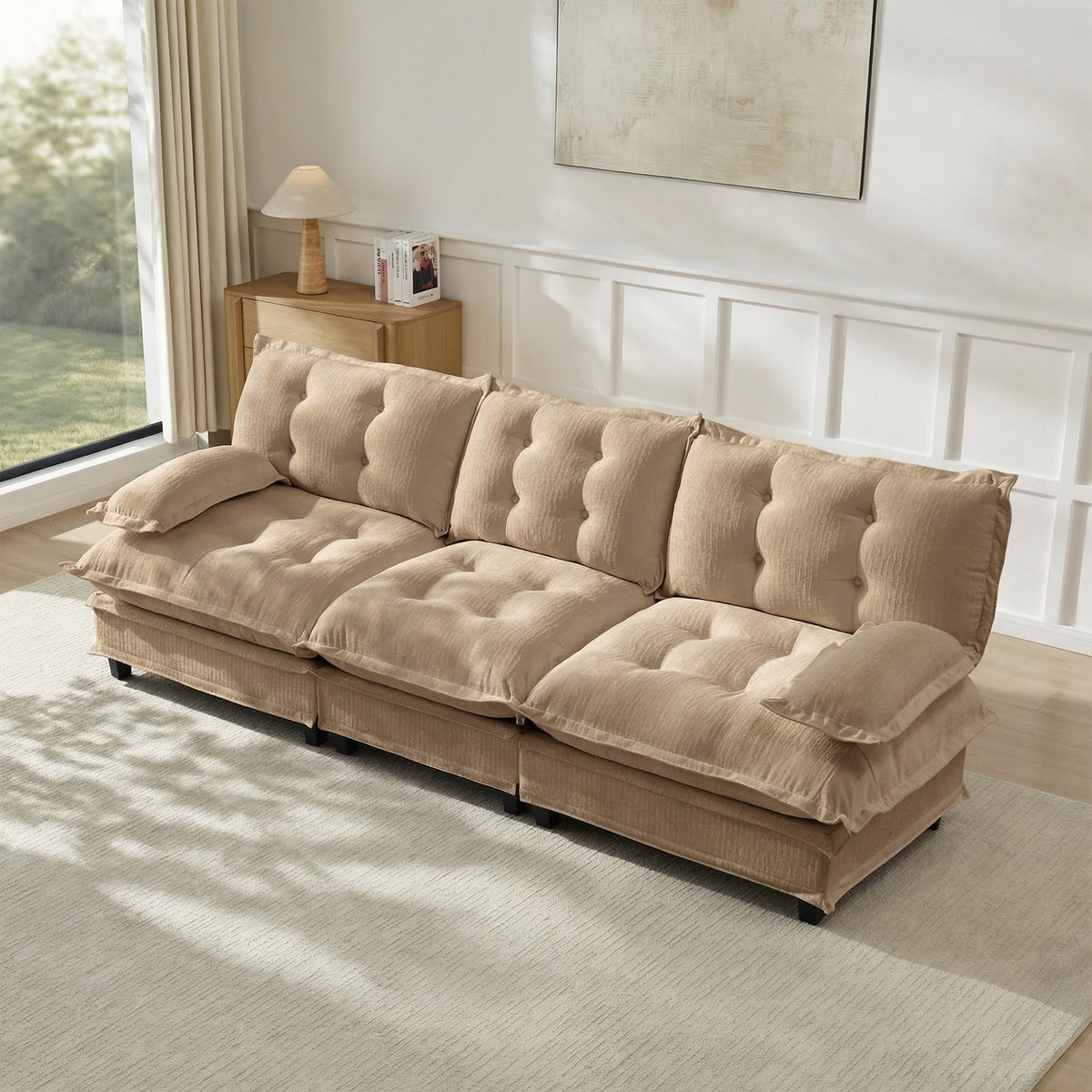 U Shaped Modular Sectional Sofa - 108" Chenille Cloud Deep Seat Couch with Ottoman, 5-Seat Comfy Lattice Decored Seat Cushion for Living Room, Apartment,Light Coffee
