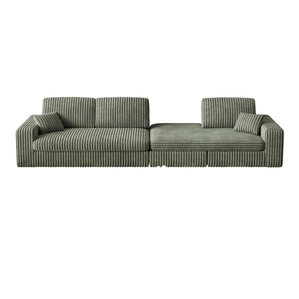 114.5'Corduroy Modular Foam Sofa, Recliner Seat Reversible Sofa, 2 in 1 Sofa with Recliner and L Shaped Sofa Combination with Three Cushion Neck Pillow Combination and Two Throw Pillows WT655
