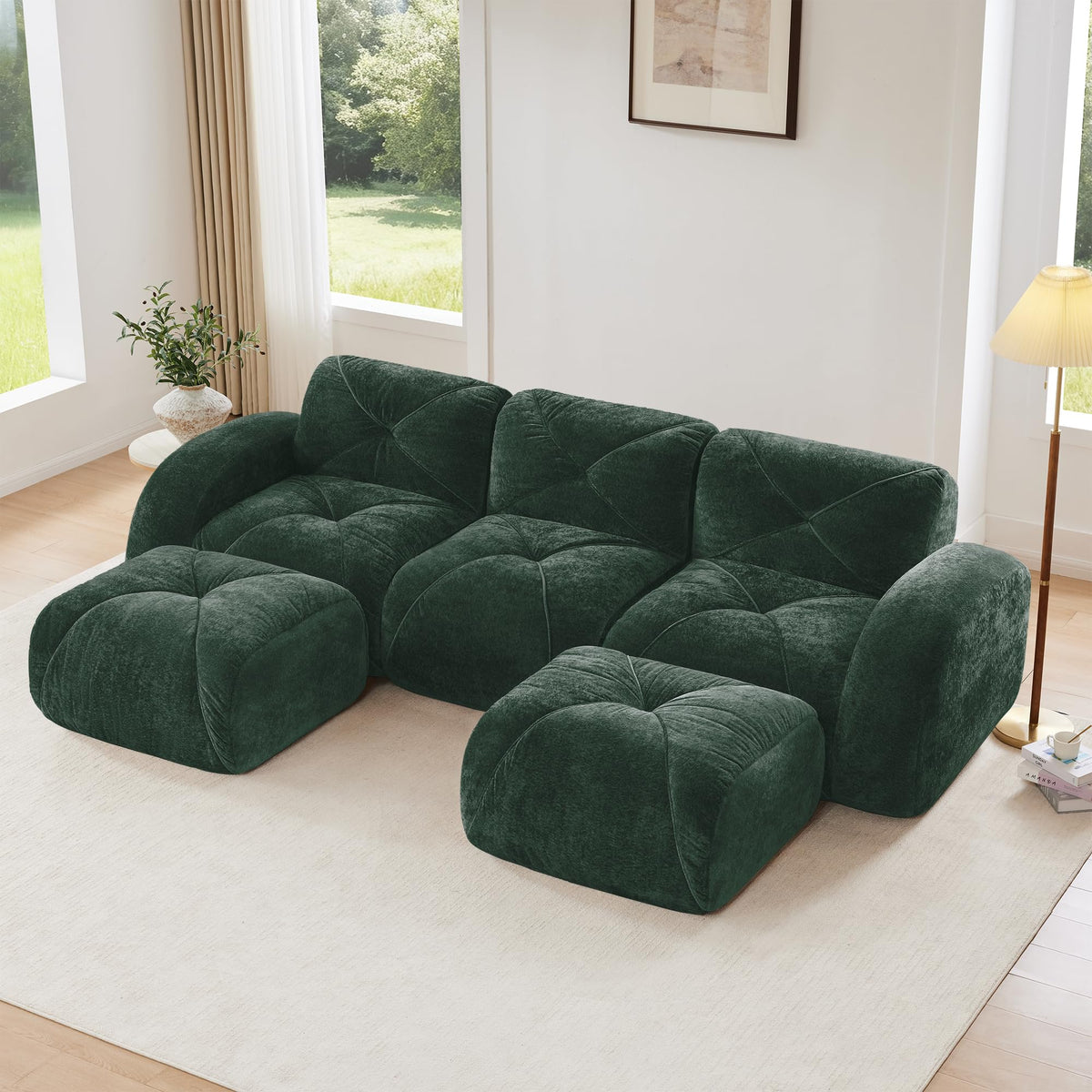 U-Shaped Boneless Sofa, Tufted 32d High Density Sponge Bottom, Anti-Slip Design, No Assembly Required, Free Combination, Movable Ottomans for Living Rooms, Home Theater, Blue