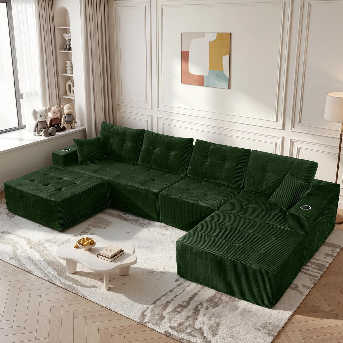 113" Boneless Modular Sectional Sofa, L-Shape Couch, 4-Seat Gray Corduroy