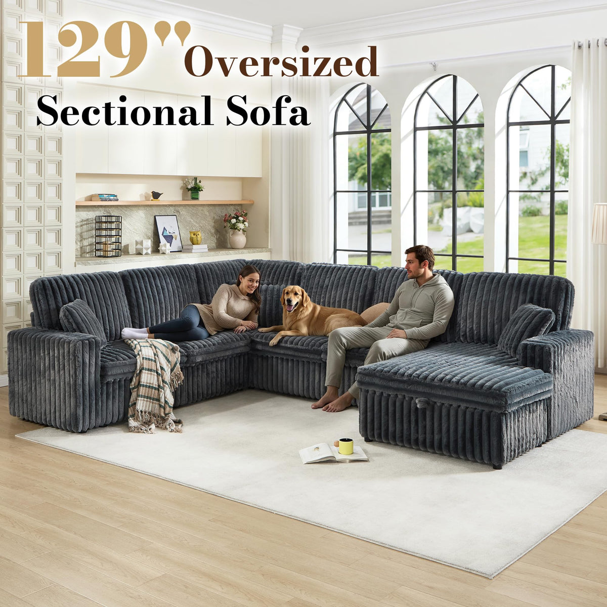 130" Sectional Couches for Living Room,Sectional Couch with Storage,Black
