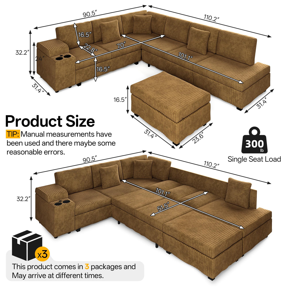 110" L-Shaped Modular Sectional Sofa with Pull Out Bed, Comfy Corduroy Cloud Couch with Removable Ottoman, USB, Storage & Cup Holders, Modern Sectional Sleeper Sofas for Living Room (Camel)