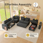 100" Modular Sectional Sleeper Sofa with Pull Out Bed, 7 Seat Corduroy U Shaped Couch with Storage Chaise|6-Position Backrest|Side Table|USB Port, Dark Grey Sectional Couches for Living Room