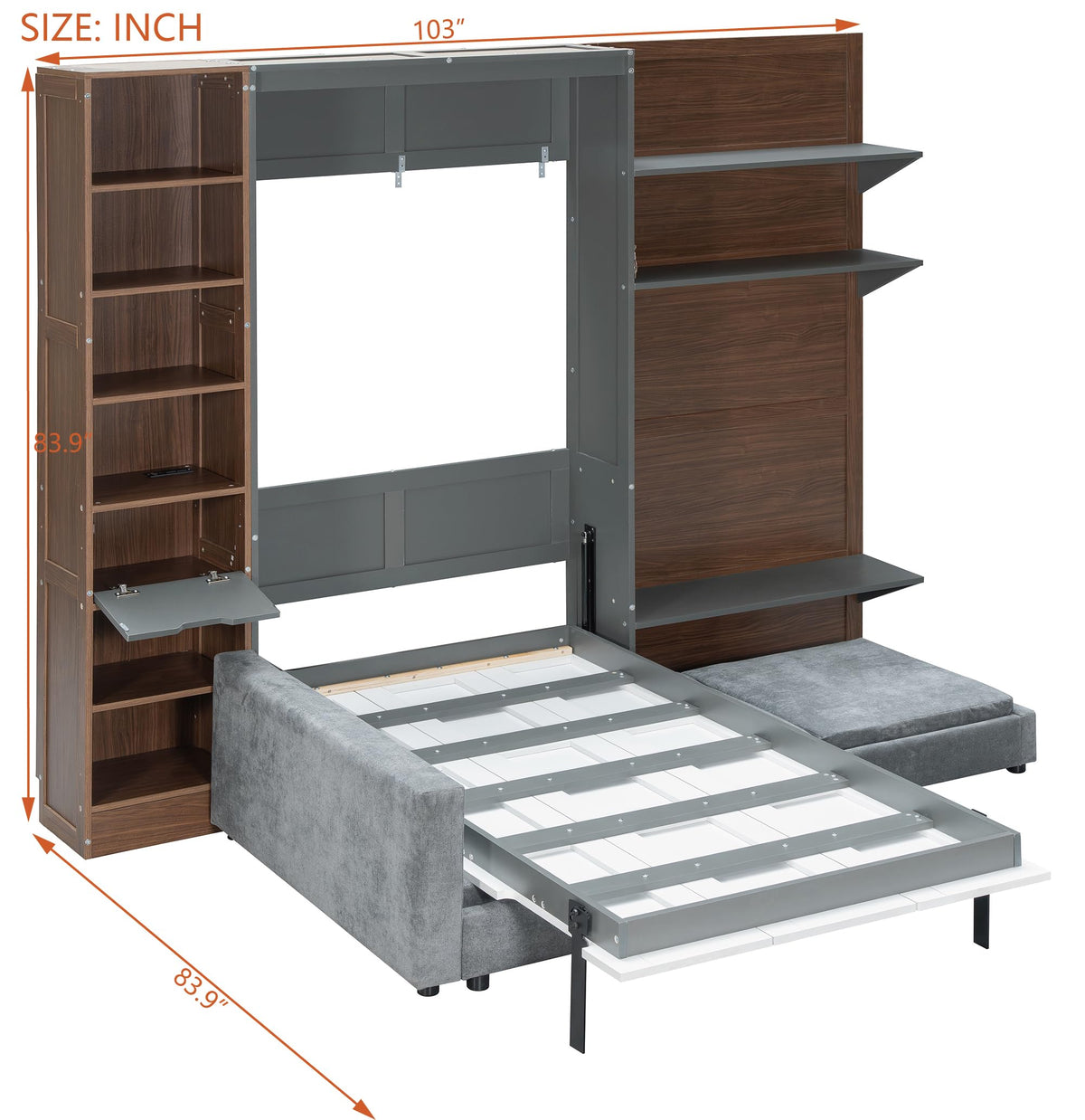 Twin Murphy Bed with Couch, Storage Cabinets, Shelves and USB Port, Gray