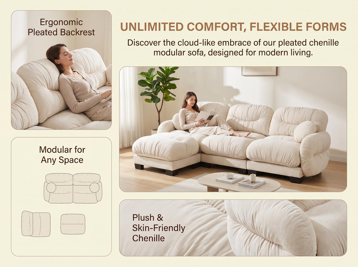 116" Cloud Modular Chenille L Shaped Sectional Sofa with Ottoman, Deep Seat Cloud Couch with Interlocking Metal Connectors for Modern Living Room (Beige, 3S+1O)