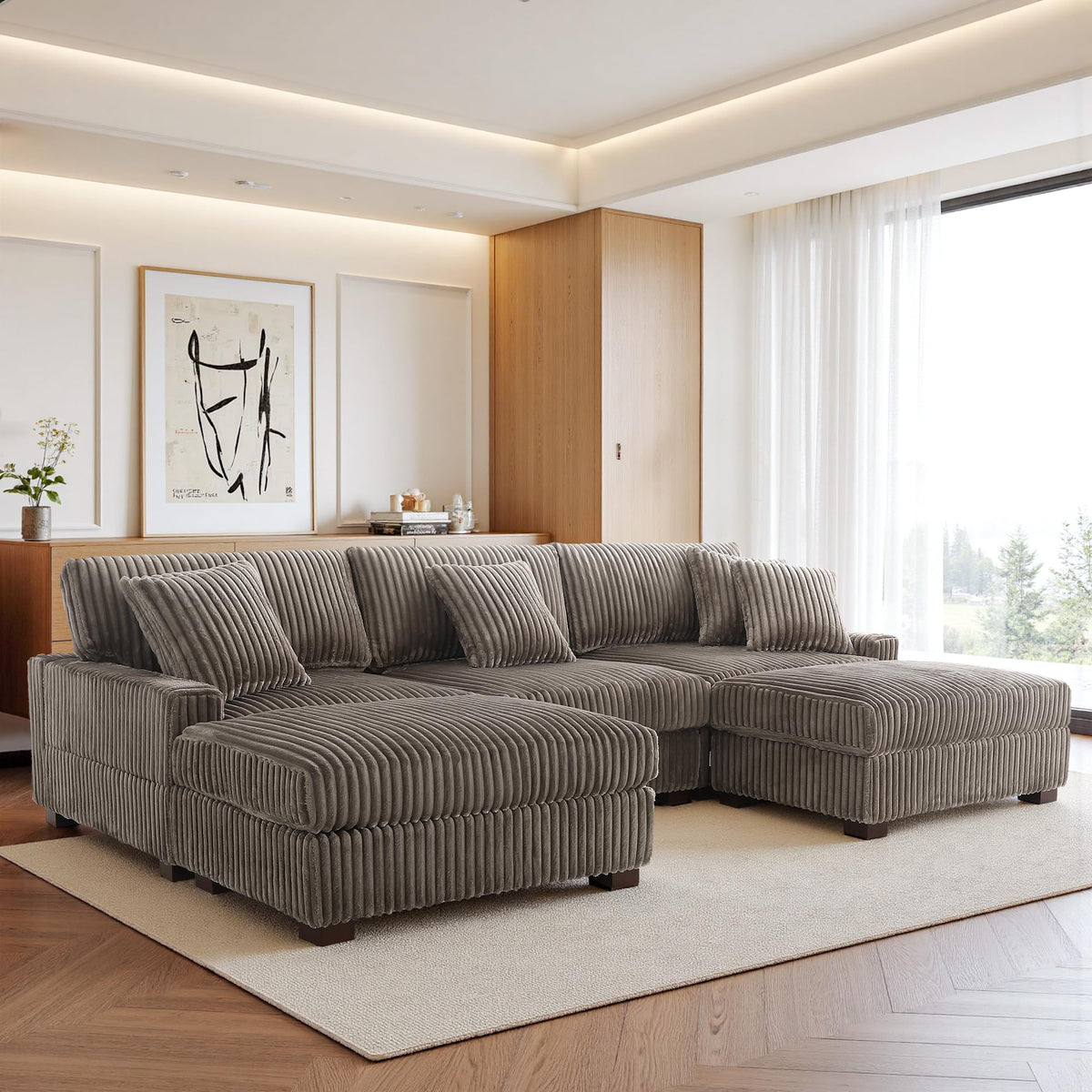 118.3" L-Shaped Modular Sectional Sofa with Chaise, Comfy Corduroy Fluffy Couch with Deep Seat, Flexible Module Combination for Living Room, Cotton Flannel Light Brown