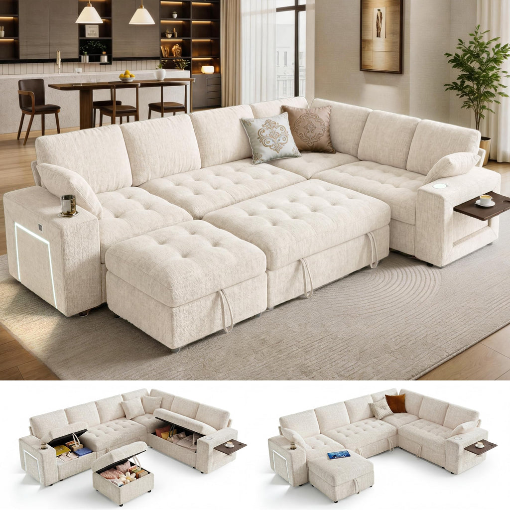 Vipbear 111" Sofa Bed, 7 Seat Modular Sectional Sleeper Sofa with Pull Out Bed, Chenille L Shaped Couch with Storage Ottoman|Cup Holders|Side Table|LED Light|USB Ports, Easy Assembly, Green