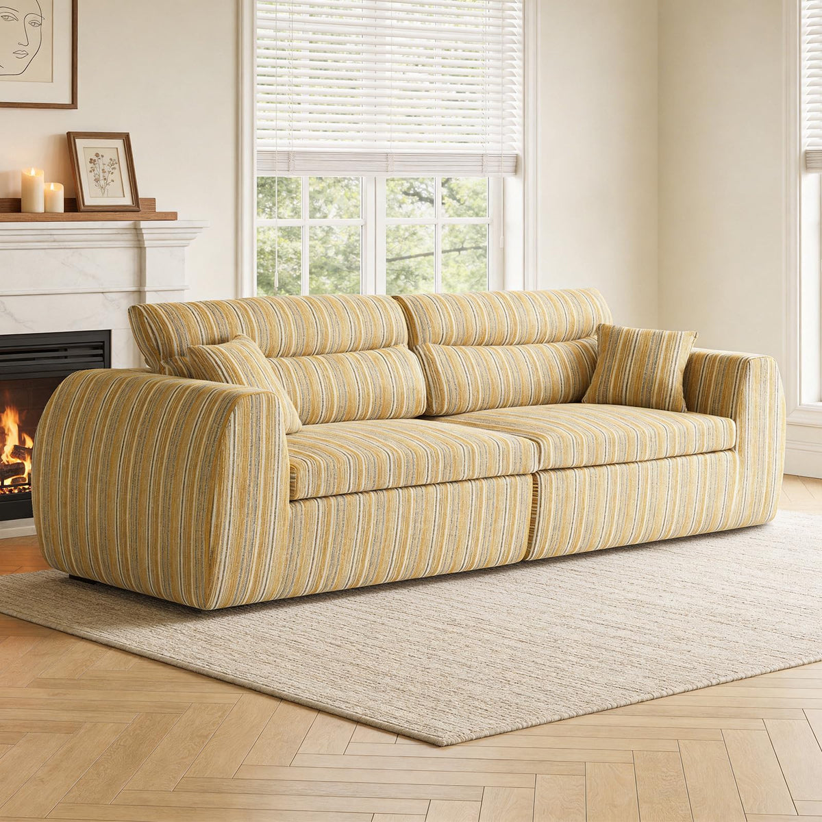 Woven Chenille Strip Compact Straight‑Row Sofa Couch w/High‑Density Sponge