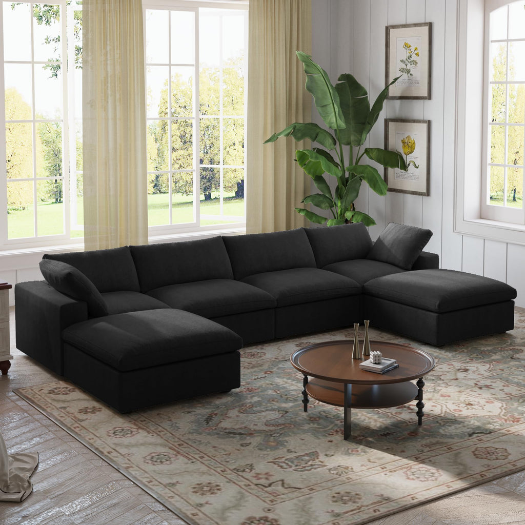 WJShome Cloud Modular Sectional Sofa with 2 Storage Ottomans,160.6" Down Filled U Shaped Sofa Couch for Living Room,6 Seater Minimalist Wide Deep Seat Convertible Couches for Office Apartment,Black