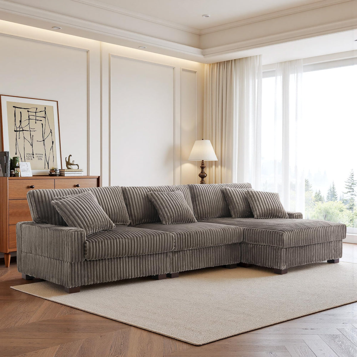 118.3" L-Shaped Modular Sectional Sofa with Chaise, Comfy Corduroy Fluffy Couch with Deep Seat, Flexible Module Combination for Living Room, Cotton Flannel Light Brown