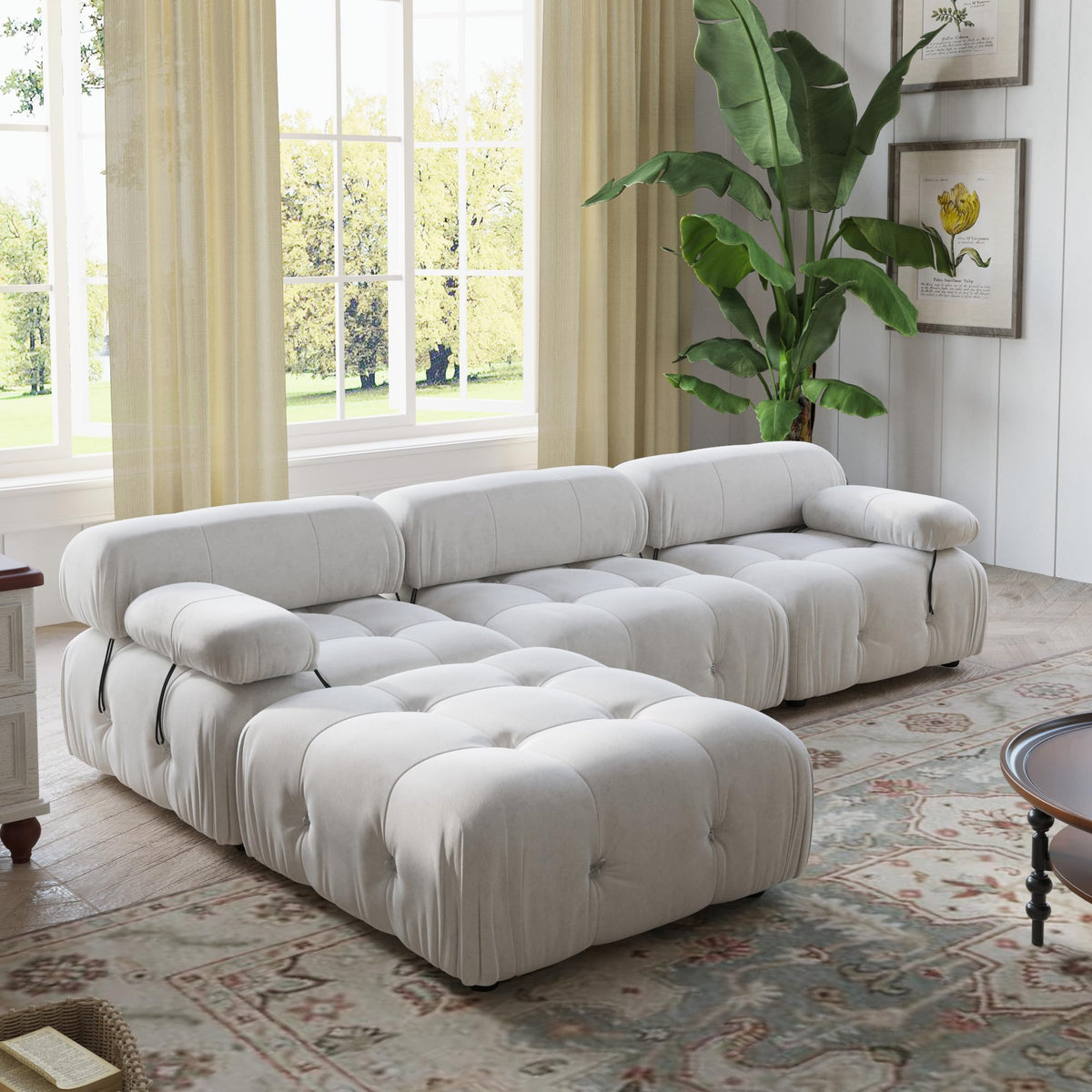 WJShome Modular Sectional Sofa with Ottoman, 103.95 inch Convertible Couch with Reversible Chaise, Velvet L Shaped Minimalist Couch for Living Room, Modern Large Free Combination Sofa, Beige