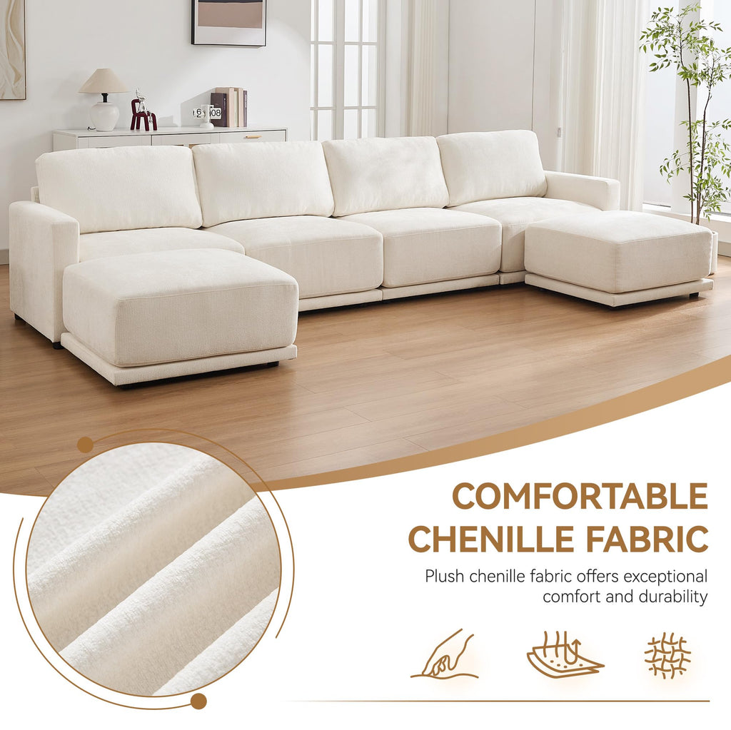 110.6" Modular Sectional Sofa with Ottoman, Upholstered L Shaped Sectional Couch with Thick Cushions, Oversized Chenille Comfy 4 Seater Sofas for Living Room, Easy Assembly, White