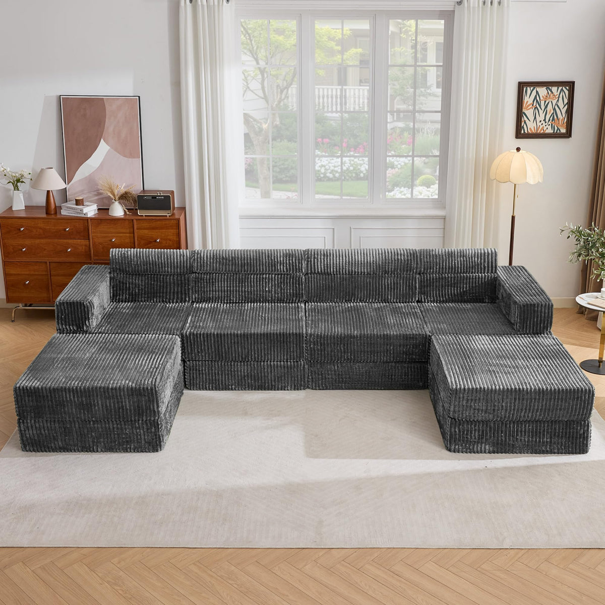 Tbfit 142” Modular L Shaped Sectional Boneless Couch, Convertible Futon Sofa Bed, Corduroy Cloud Mattress Sleeper Sofa, Comfy Folding Upholstered Floor Couches for Living Room, Bedroom, Beige