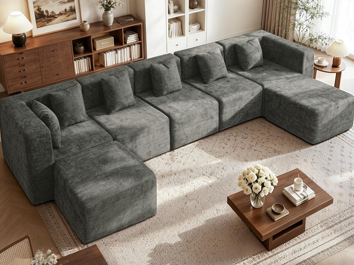 103" Three-Layer Sponge Boneless Couch sectional for Living Room Modular sectional Sofa High-Back 4-Seater L-Shape Couch with Ottoman Memory Foam Waterproof Chenille Black