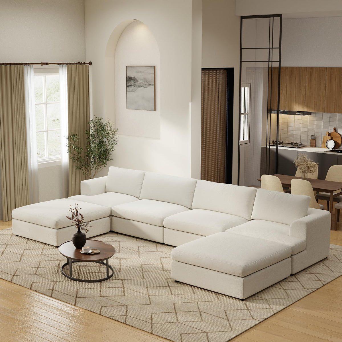 WJShome Modular Sectional Couches, V-Shaped Cloud Couch with Ottoman, High Density Sponge Cushion Sleeper Sofa Bed, Wooden Frame, Sherpa Fabric Sofa Furniture for Living Room, Apartment, White