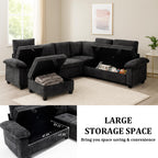 109" Modular Sectional L Shaped Sofa with Pull Out Bed, Sectional Sleeper 7 Seat Couch with Storage, Modern Chenille Convertible Sofa Bed, Sectional Couches for Living Room, Black