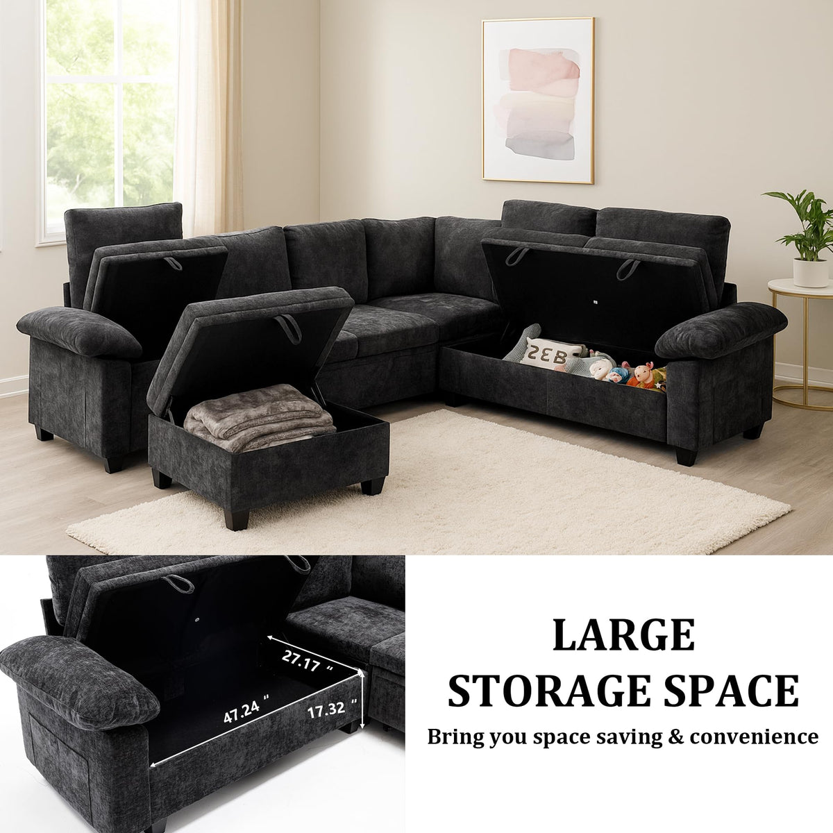 109" Modular Sectional L Shaped Sofa with Pull Out Bed, Sectional Sleeper 7 Seat Couch with Storage, Modern Chenille Convertible Sofa Bed, Sectional Couches for Living Room, Black