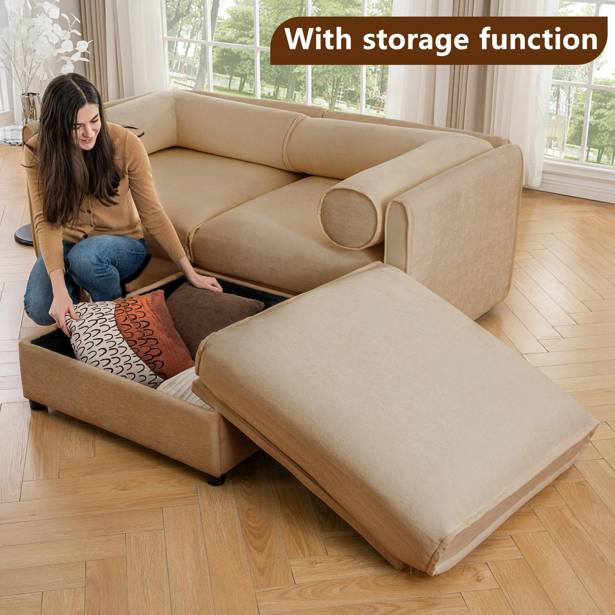 109'' Modular Sectional Sofa, Oversized 4 Seat L Shaped Couch with Storage Ottoman, Extra Deep Seat, Modern Comfy Convertible Chenille Sofa with Chaise, Lounge Couches for Living Room, Camel