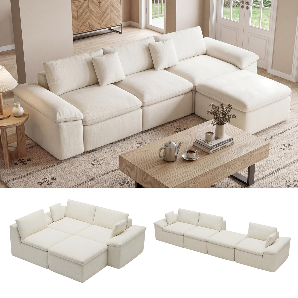 119.76" L Shaped Cloud Couches for Living Room,Large Modular Sectional Sofa with Ottoman,Convertible Couch Deep Seat Sofa with Pillow for Bedroom and Apartment, Beige