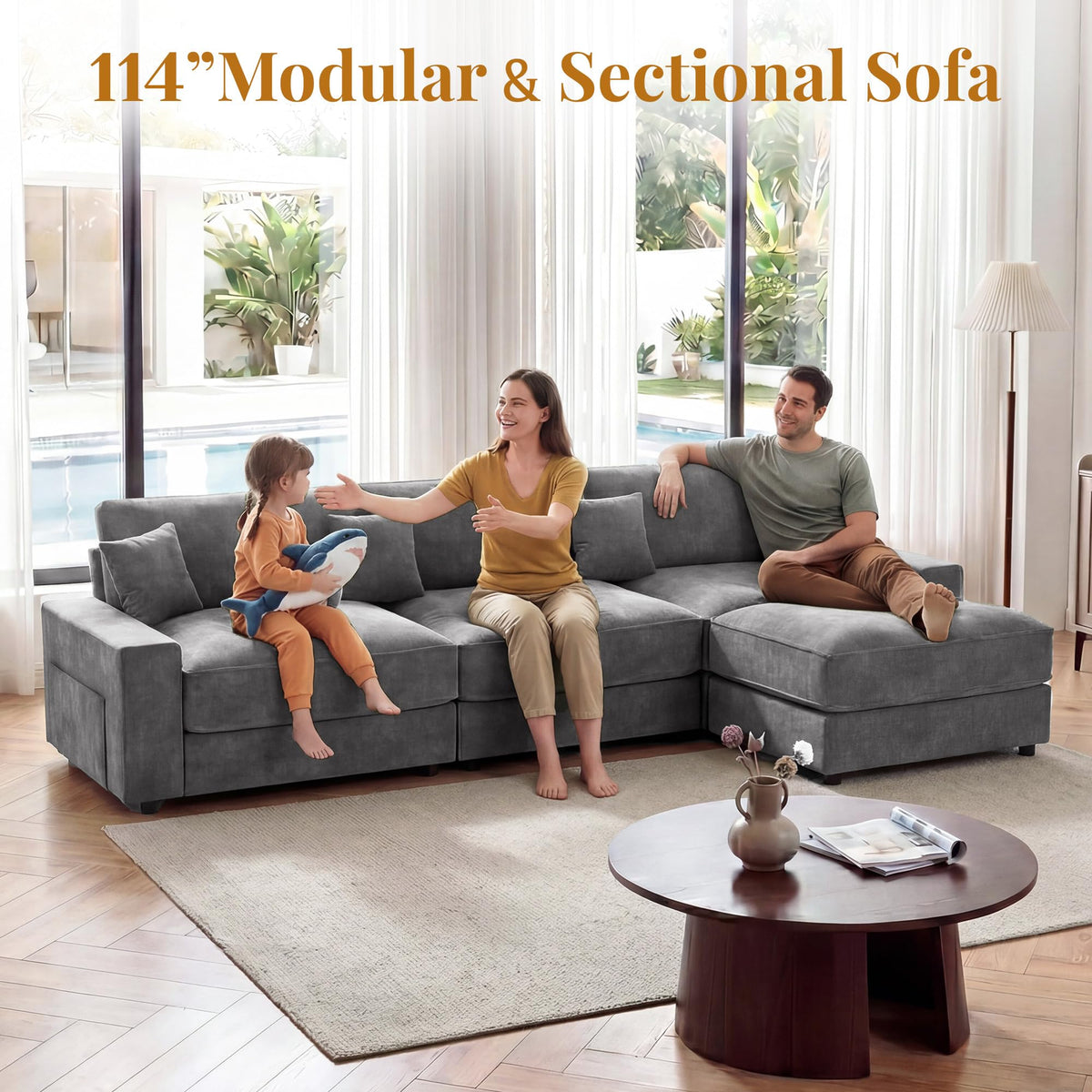 Vipbear 114" Modular Sectional L Shaped Sofa Couches,for Living Room,Oversized Cloud Couch with Movable Ottoman,Comfy Chenille Sofa with Pillow,Side Pockets,Bedroom,Apartment,Dark Gray