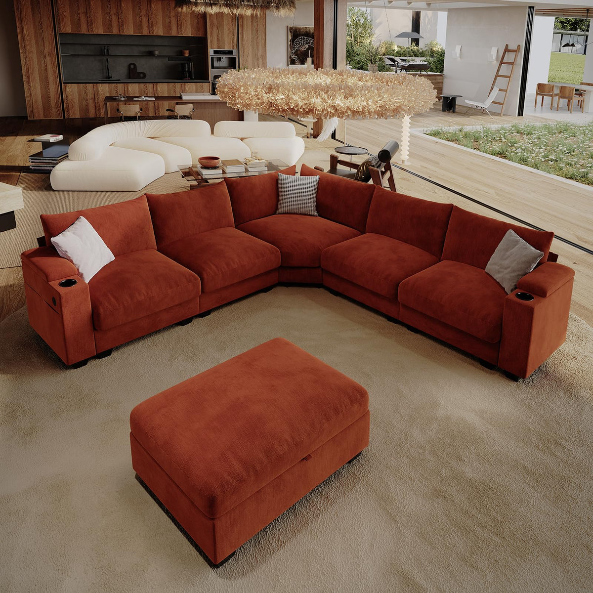 107.1" L-Shaped Modular Sectional Sofa with Storage Ottomans, 6-Seat Deep Seat Sofa with Armrest Storage, Cup Holders & USB Type-C Charging, Sectional Couches for Living Room (Grey)