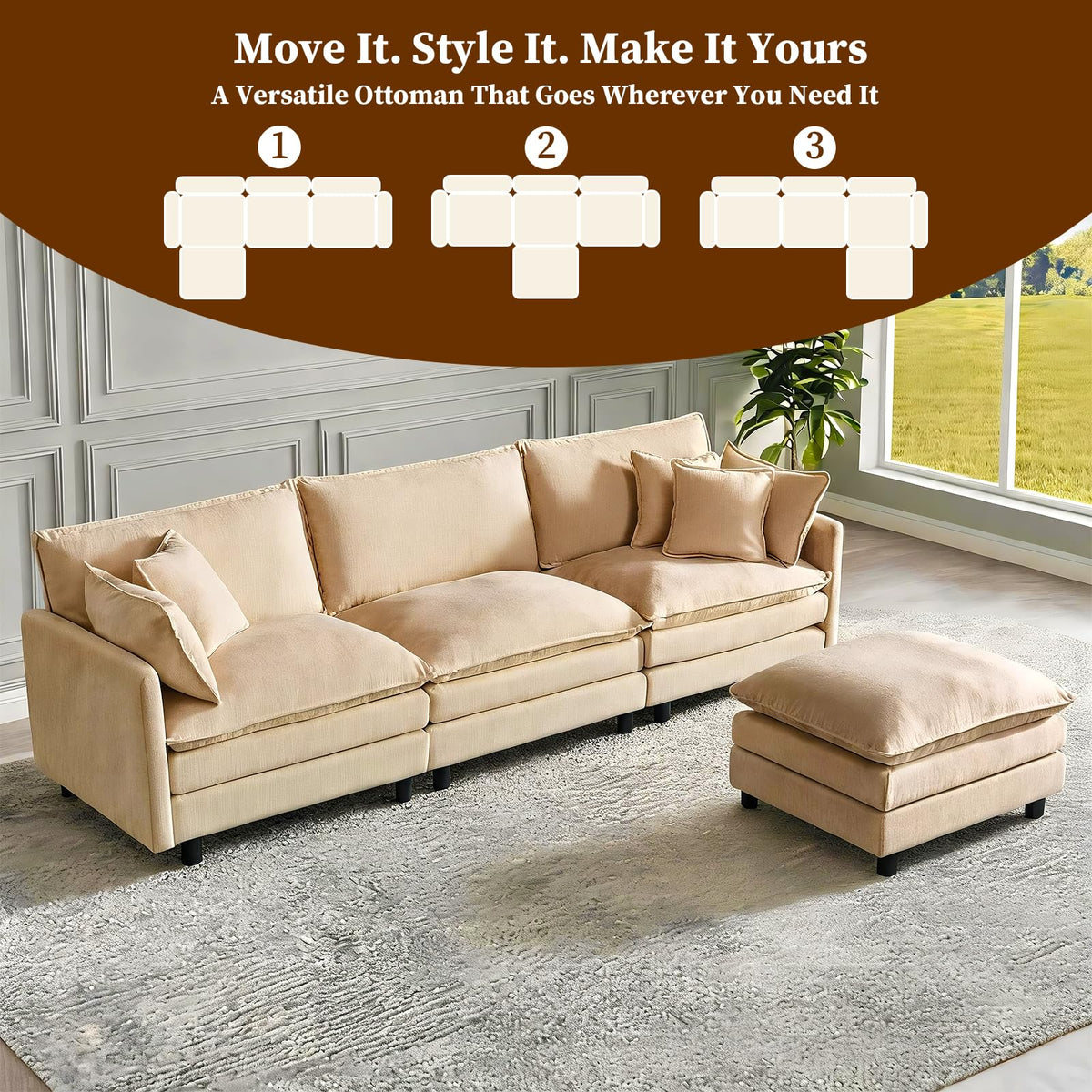 102" Modular Sectional Sofa, Chenille Couch with Ottoman,Beige (1, Camel, 110)
