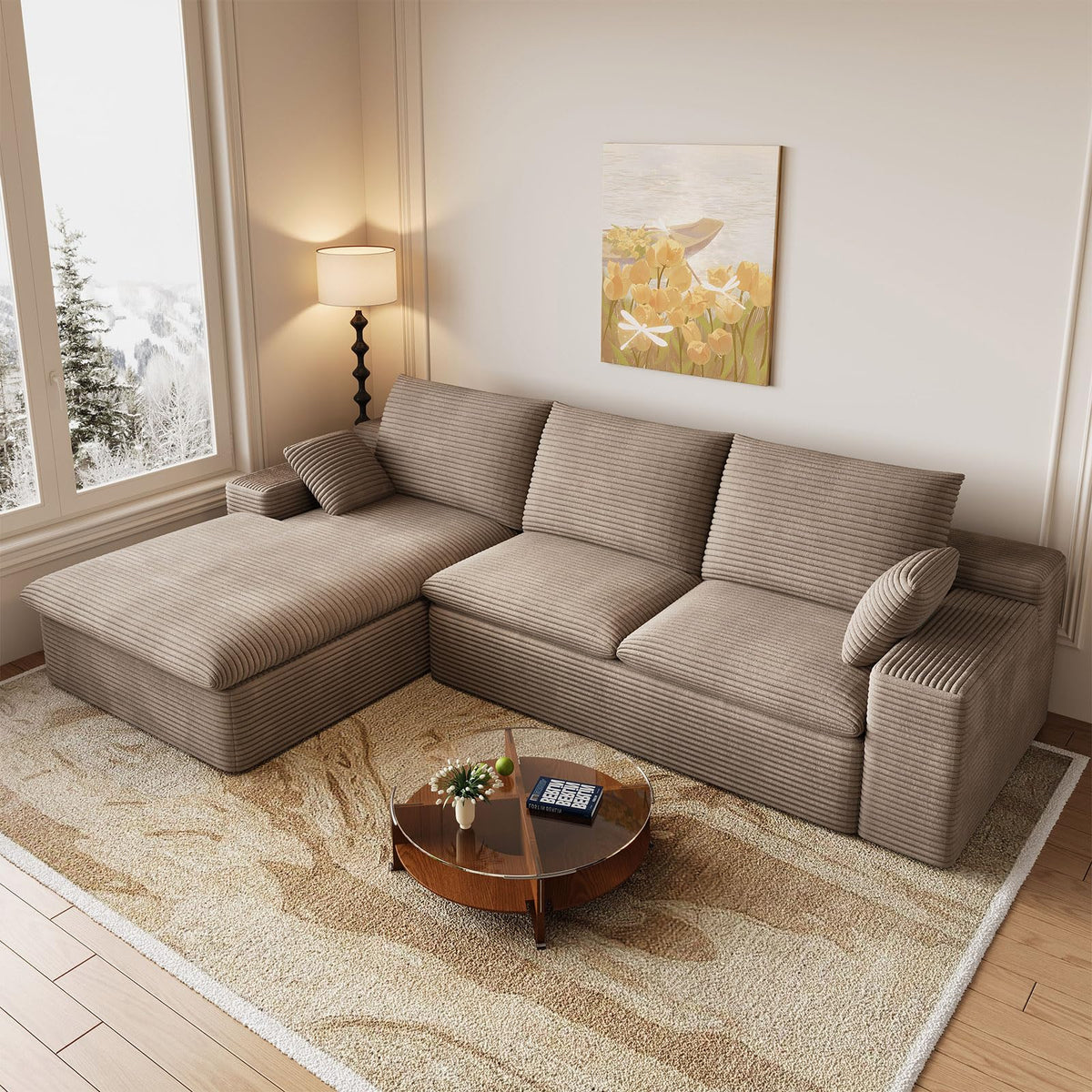 107" Cloud Couch Modular Sectional Couchs with Chaise Lounge, U-Shape Boneless Couches with Ottoman for Living Room, Corduroy Sofa with Deep Seat, No Assembly Required (Green, Left Facing Chaise)