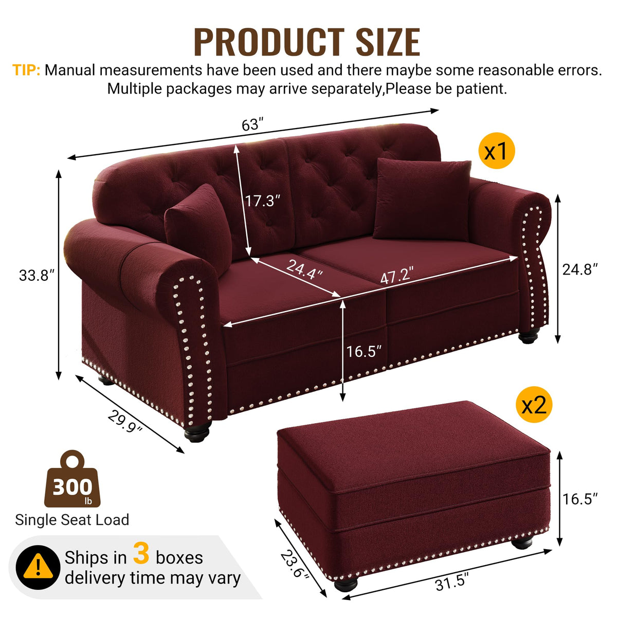 Velvet Chesterfield Sofa with Rolled Arms & Nailhead Trim, Modular Sectional Sofa Couches, Modern Cloud Sofa with Button Tufted, for Living Room, Bedroom, Small Space (Burgundy, 2 Seat+2 Ottoman)